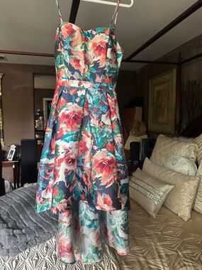 VENUS Navy Floral High-Low Spaghetti Strap Dress with Coral and Teal Accents